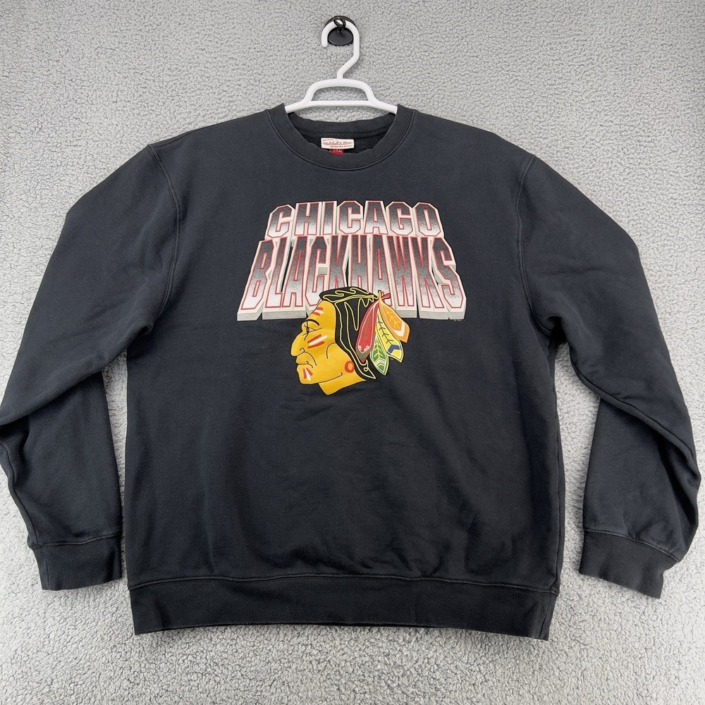 Chicago Blackhawks Logo Black Mitchell & Ness Fleece Crew Sweatshirt 3XL